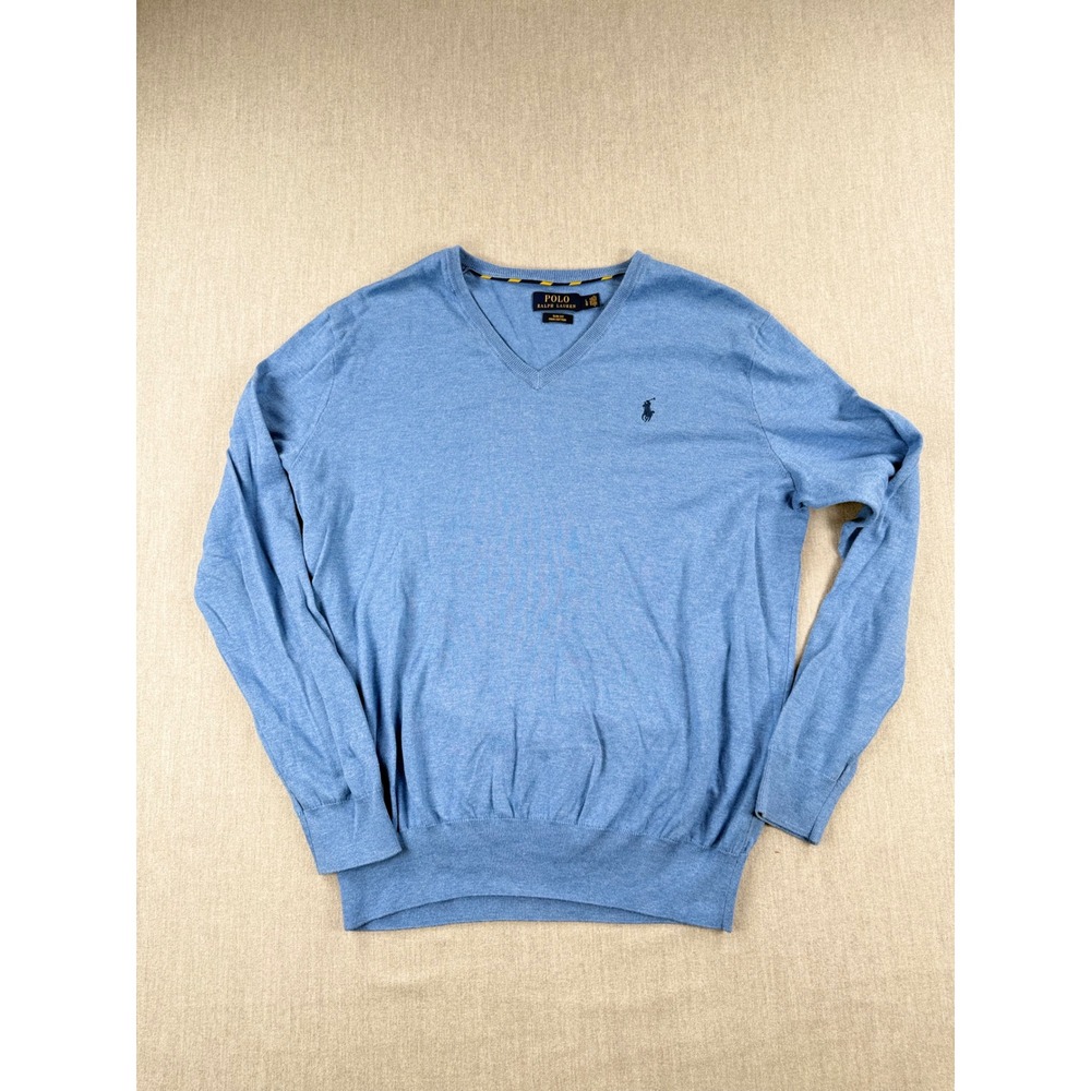 Polo Ralph Lauren Mens Slim Fit Pima Cotton V-Neck Sweater Light Blue Large